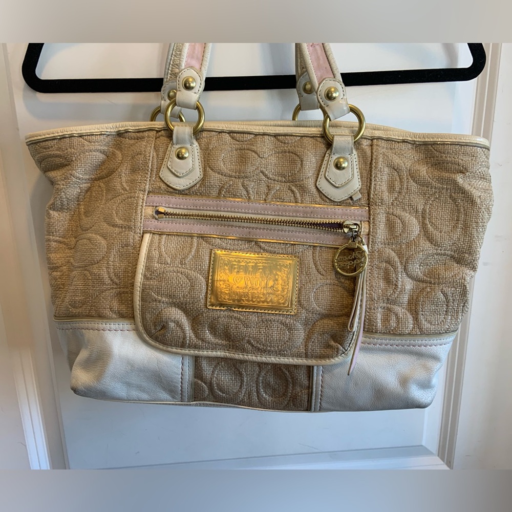 Vintage Coach Poppy Straw Tote -brass/natural/white